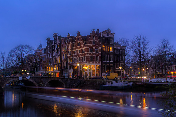 Amsterdam Corner Cafe with Light Trails